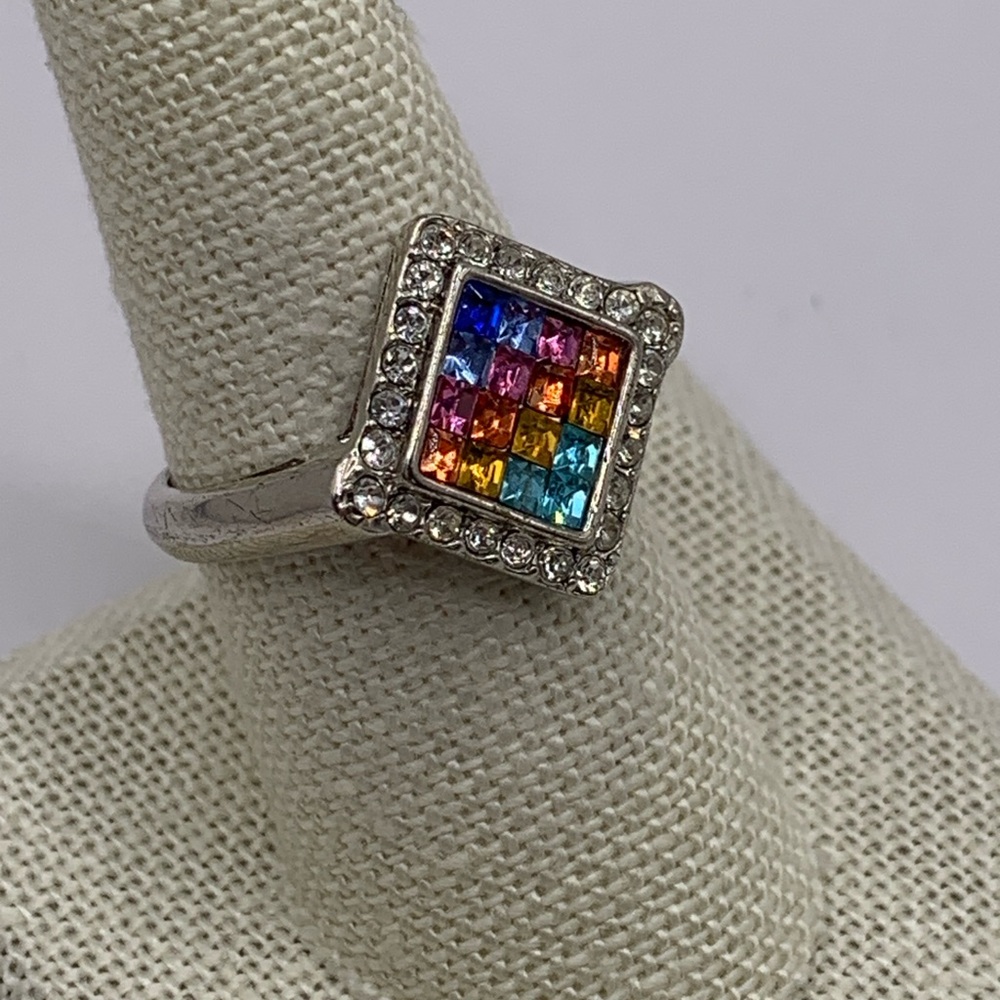 Multicolor Rainbow Gemstone Silver Ring, Size 8.5 - image 1